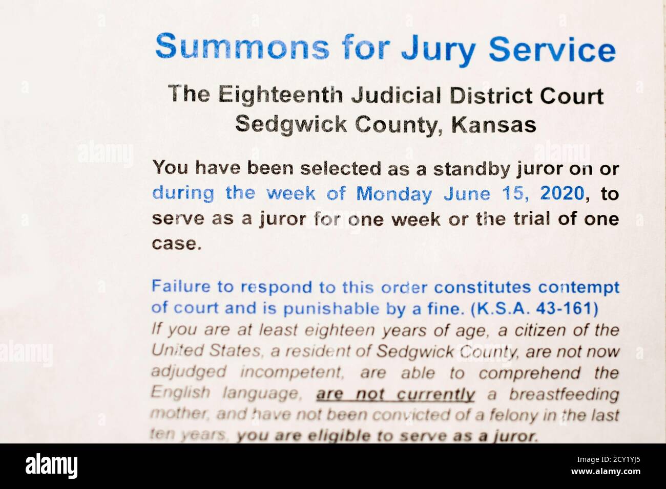 Lettre officielle d'assignation à jury du comté de Sedgwick, Kansas, États-Unis. Banque D'Images