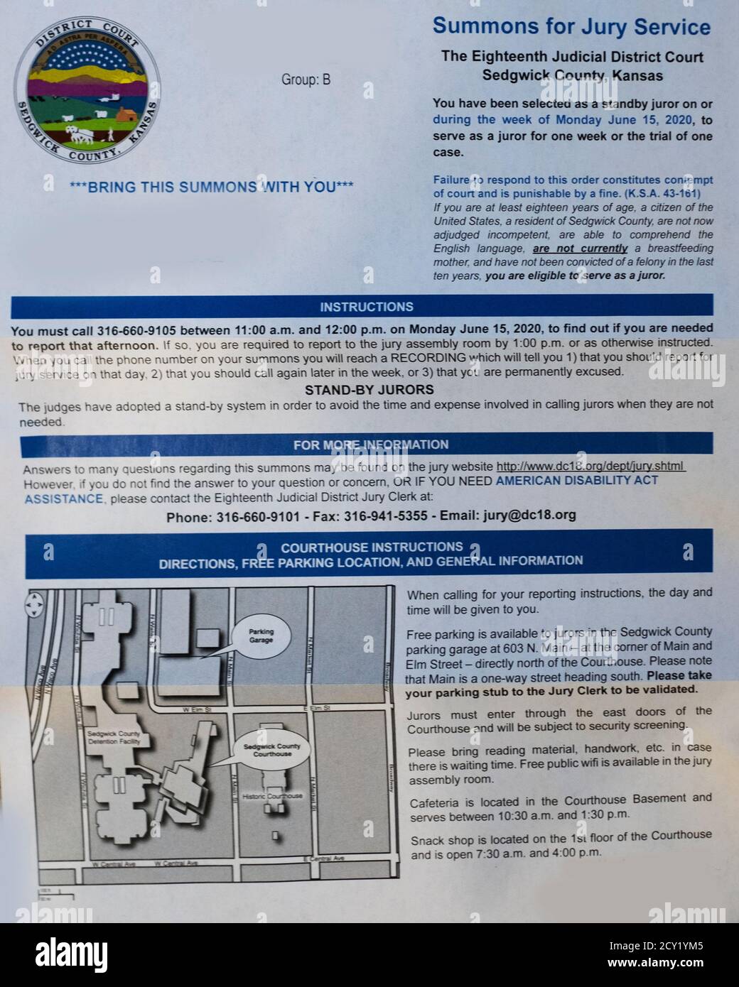 Lettre officielle d'assignation à jury du comté de Sedgwick, Kansas, États-Unis. Banque D'Images