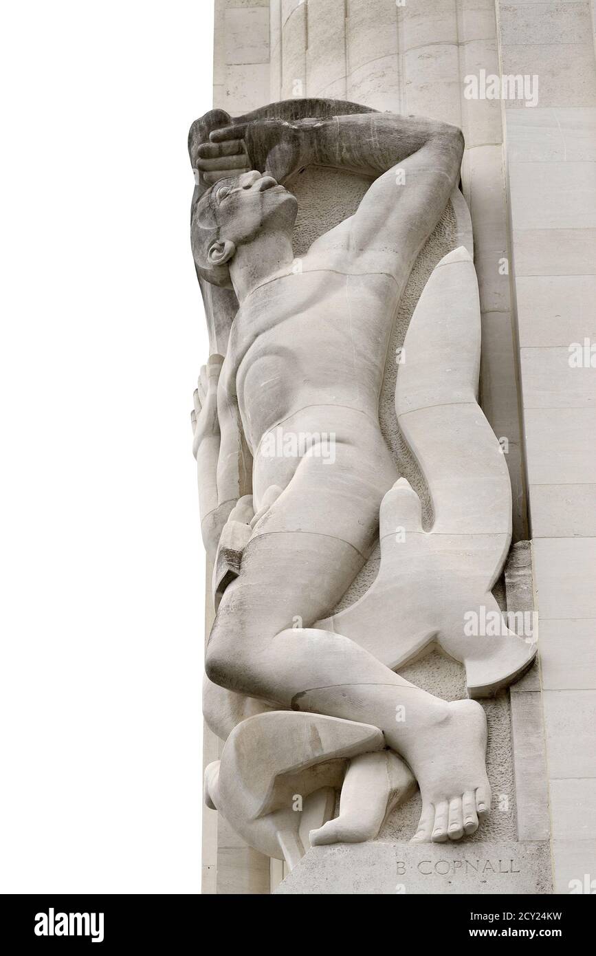Londres, Angleterre, Royaume-Uni. Bâtiment Art déco Adelphi (1938 : 1-10, rue John Adam) immeuble classé de catégorie II. Figurine Portland Stone « Dawn » Banque D'Images