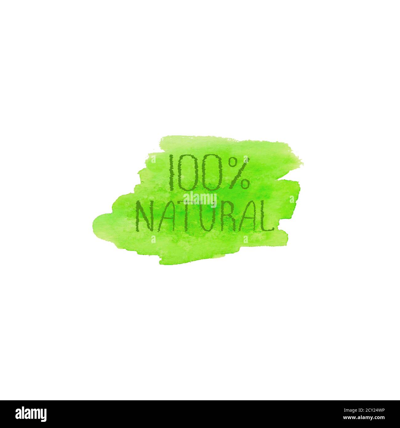Modèle de conception du logo Natural Products. Bannière d'affiche en forme d'aquarelle verte avec emblème dessiné à la main. Lettrage sur texture de pinceau vert aquarelle sp Banque D'Images