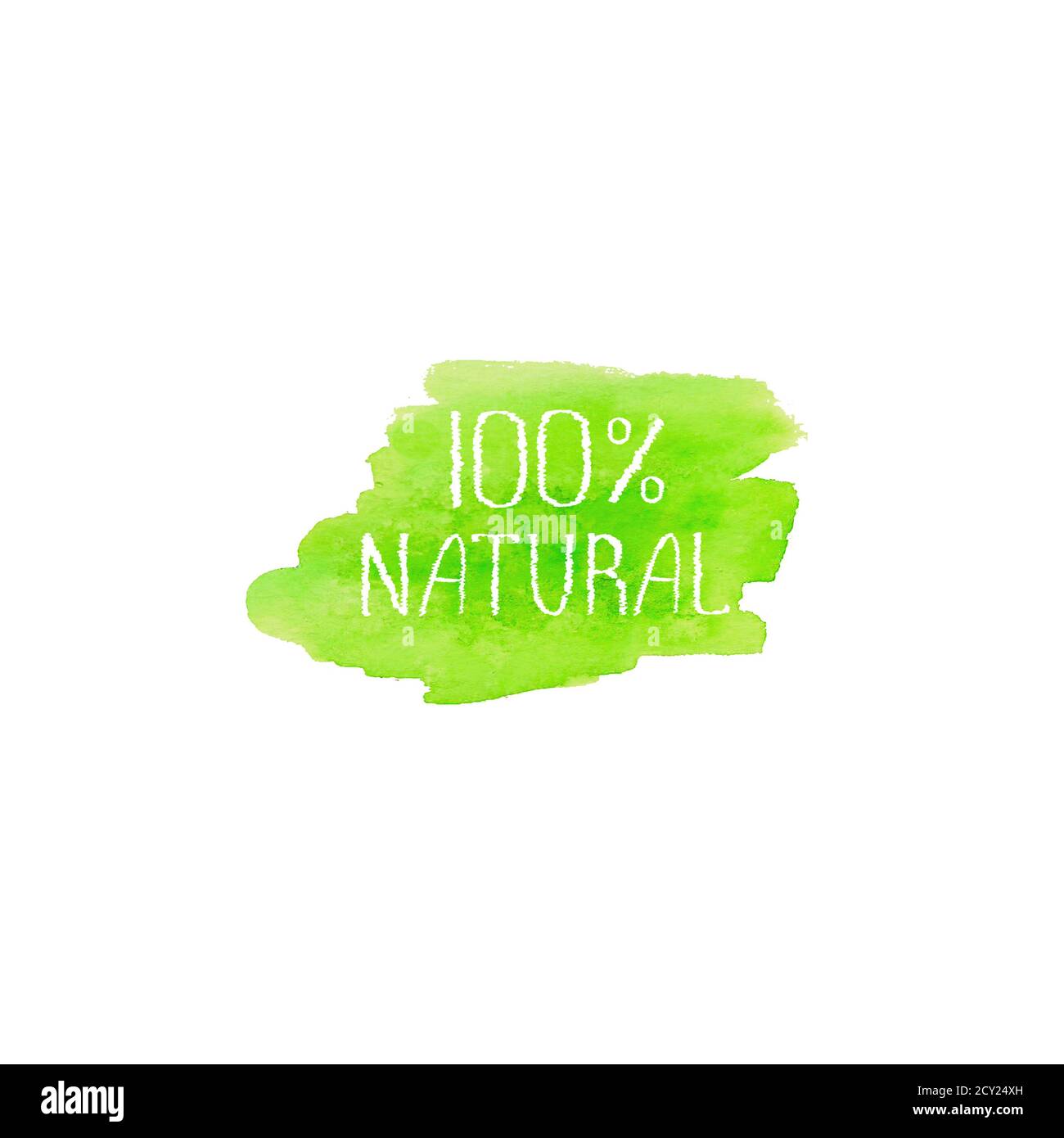 Modèle de conception du logo Natural Products. Bannière d'affiche en forme d'aquarelle verte avec emblème dessiné à la main. Lettrage sur texture de pinceau vert aquarelle sp Banque D'Images
