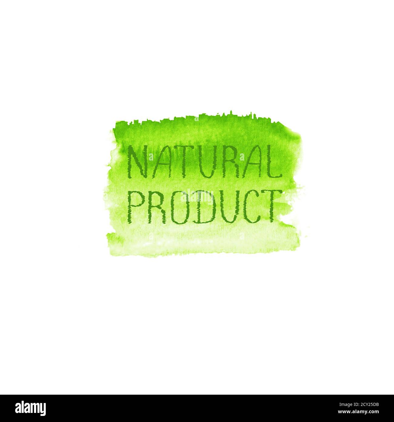 Modèle de conception du logo Natural Products. Bannière d'affiche en forme d'aquarelle verte avec emblème dessiné à la main. Lettrage sur texture de pinceau vert aquarelle sp Banque D'Images