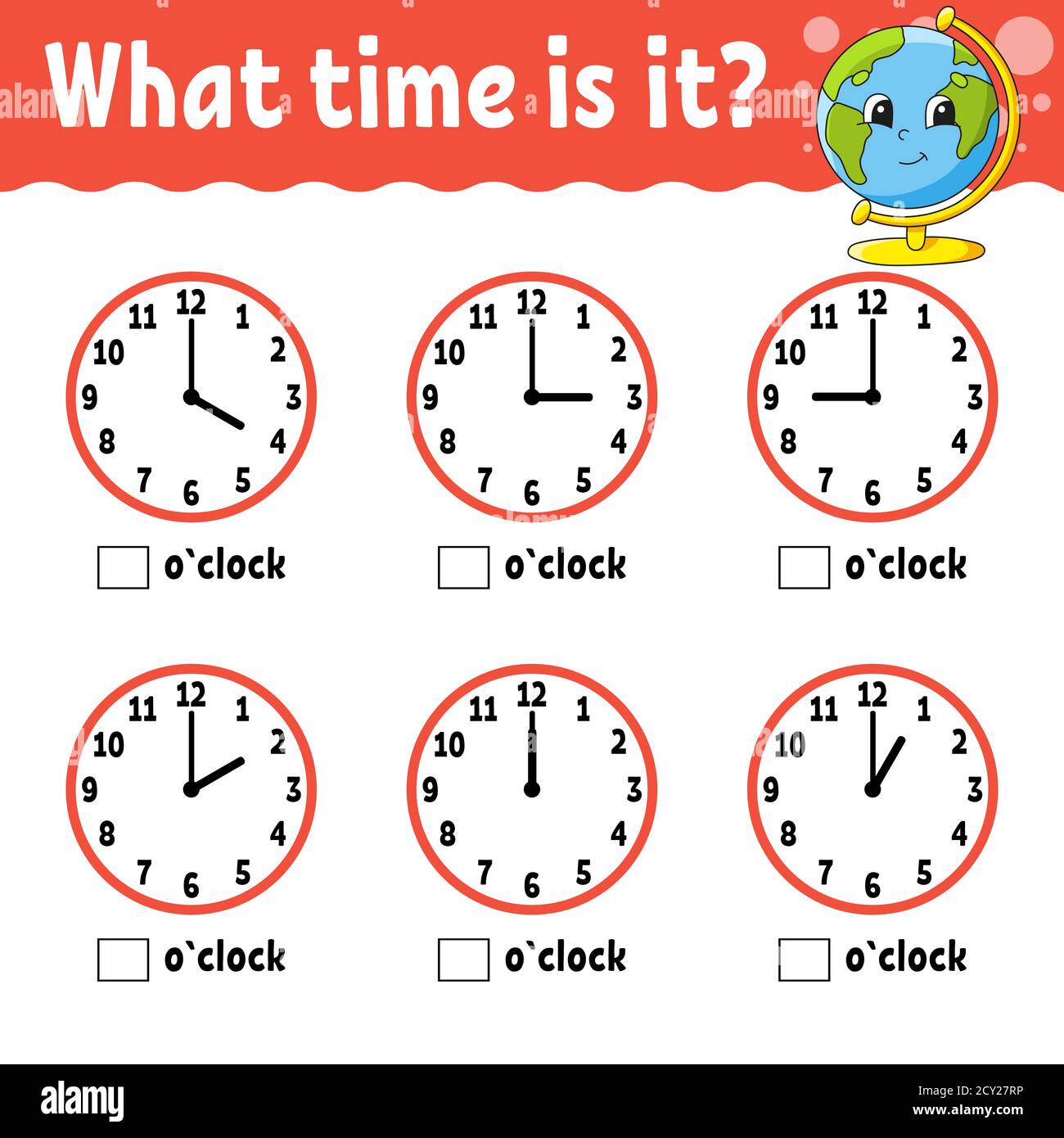 Temps d'apprentissage sur l'horloge. Fiche d'activité éducative pour les enfants et les tout-petits. Jeu pour enfants. Illustration simple à vecteur de couleur isolé à plat dans Illustration de Vecteur