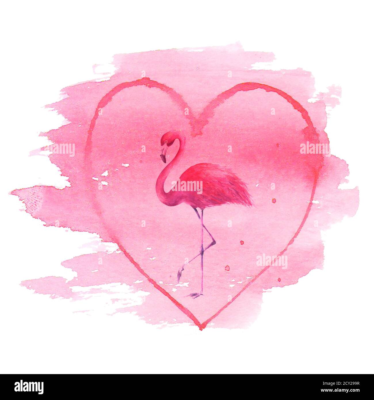 Aquarelle rose flamants sur coeur rose isolé sur fond blanc. Oiseau exotique tropical rose flamango. Illustration aquarelle dessinée à la main. Imprimer pour Banque D'Images