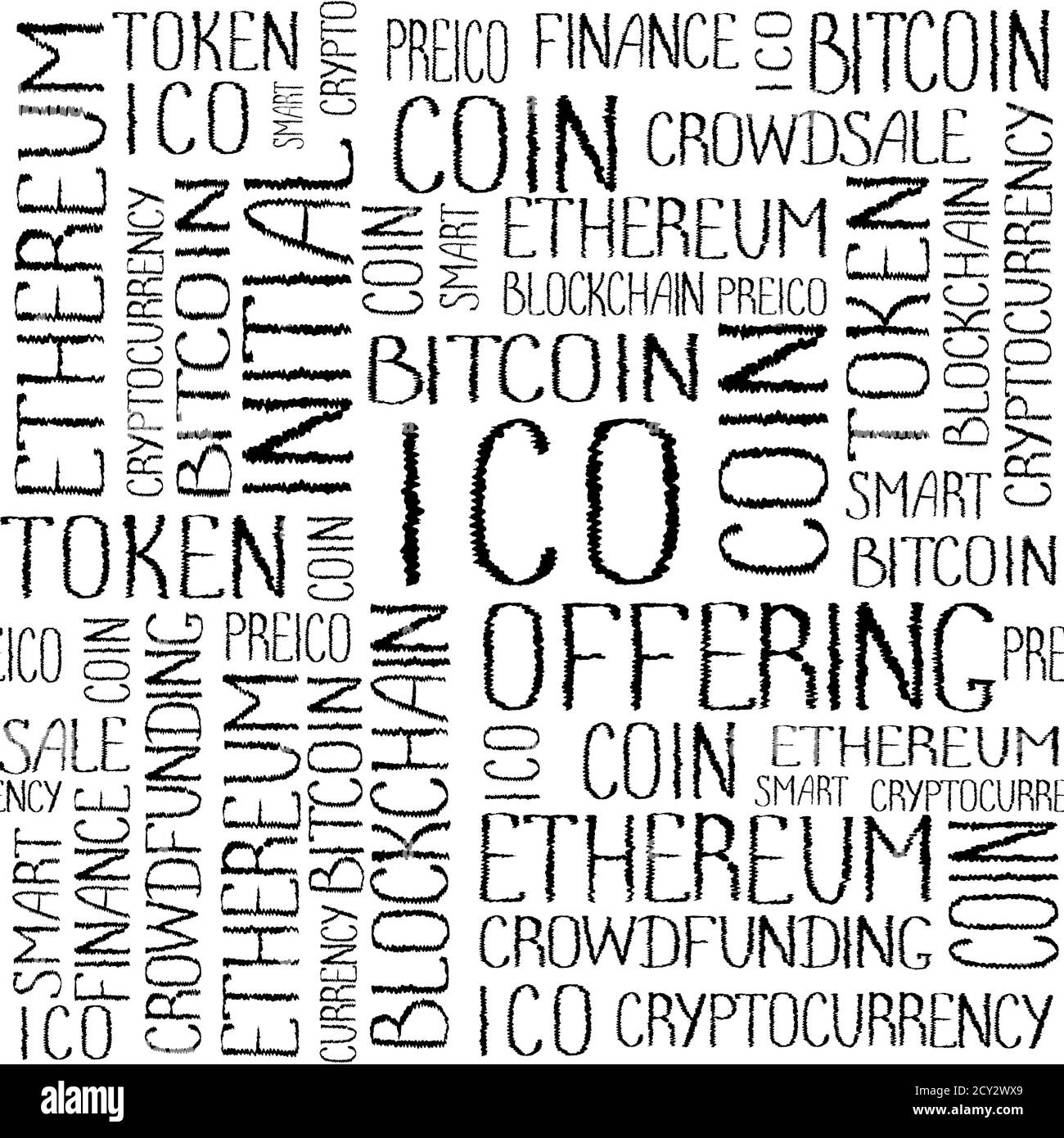 ICO offre initiale de pièces, financement participatif de démarrage, texture technologique de blockchain. ICO concept Words pattern sur fond blanc. Motif sans couture Banque D'Images