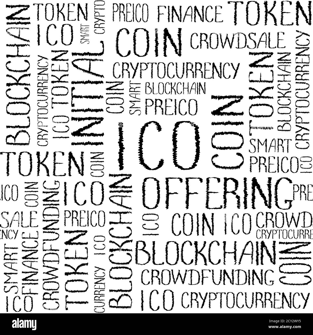 ICO offre initiale de pièces, financement participatif de démarrage, modèle technologique de blockchain. Texture des mots de concept ICO sur fond blanc. Motif sans couture Banque D'Images