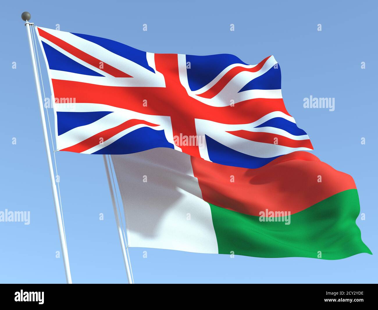 Deux drapeaux d'Etat du Royaume-Uni et de Madagascar sur le ciel bleu. Expérience professionnelle de haute qualité. illustration 3d Banque D'Images