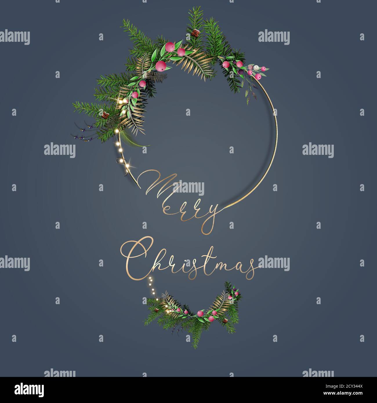 Banderole de Noël, motif de Noël, couronne, décorations et lumières. Texte Joyeux Noël. Copier l'espace. Rendu 3D Banque D'Images