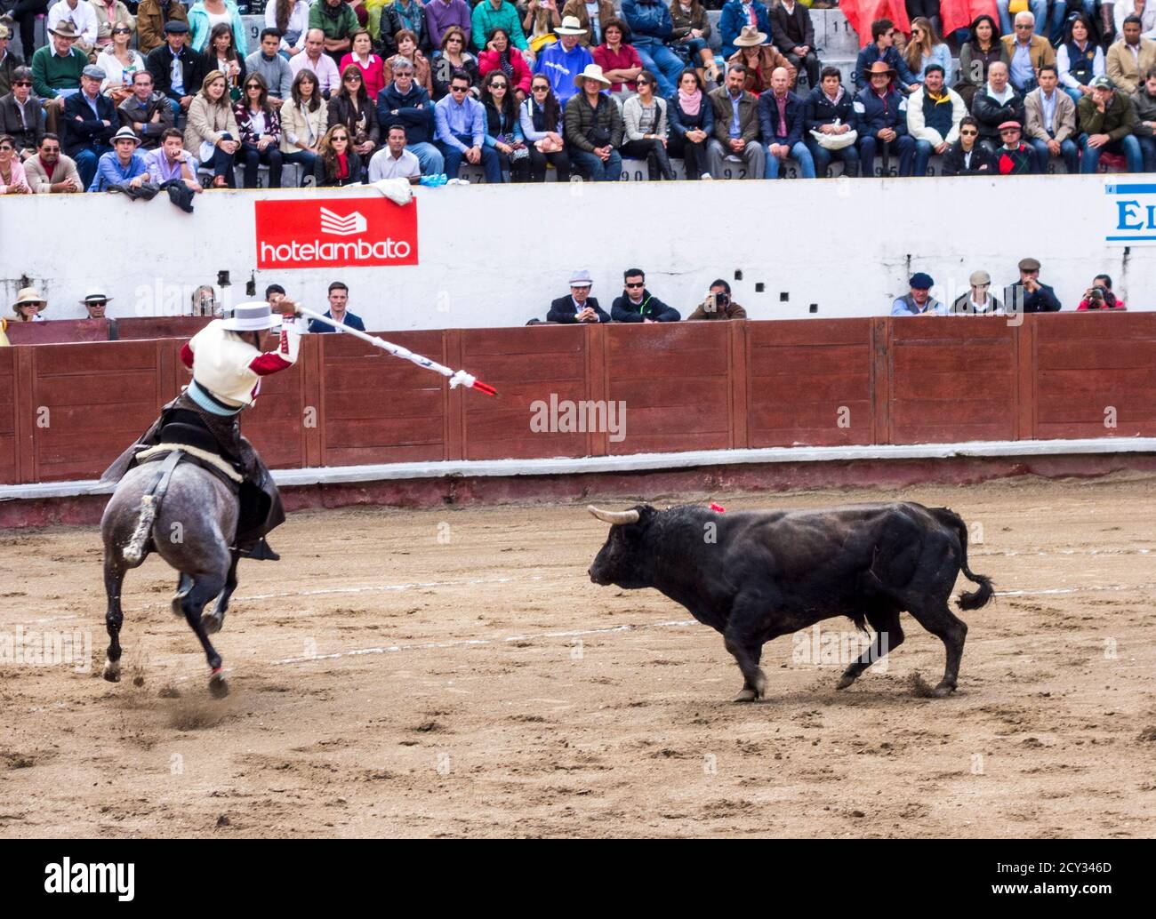 Ambato, ÉQUATEUR - Dec 15, 2015 - torero à cheval duels avec Bull au cours de Carnaval Banque D'Images