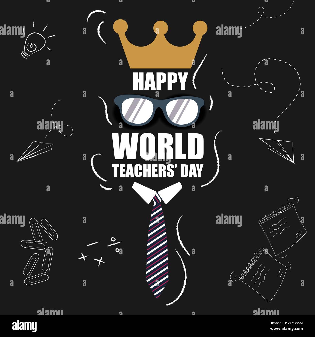 Bannière Happy World Teacher's Day avec des spécifications, des œuvres d'art à nouer et à câliner sur le tableau de surveillance, une affiche de la journée des enseignants, une illustration vectorielle Illustration de Vecteur