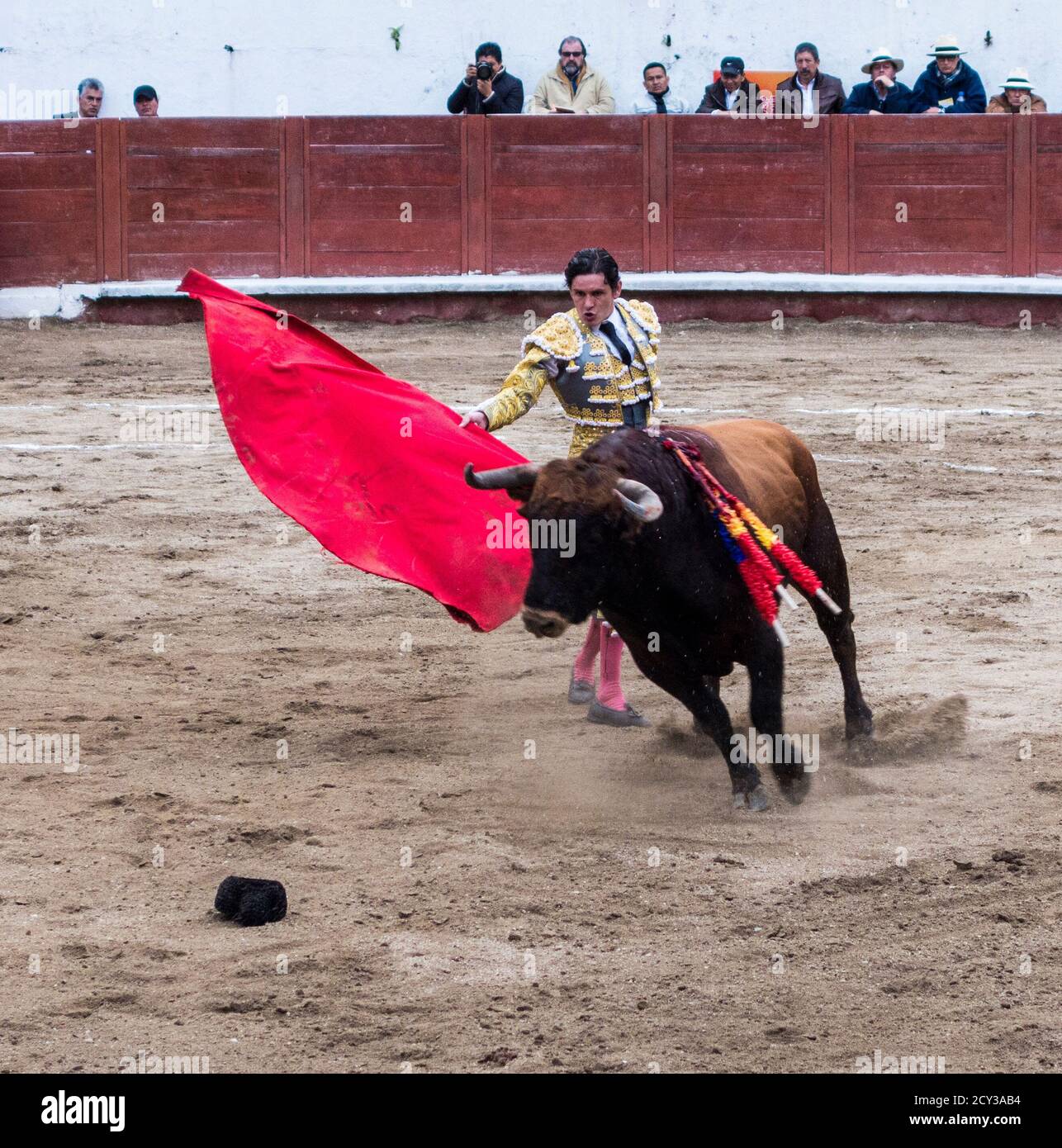 Ambato, ÉQUATEUR - Dec 15, 2015 - torero à pied duels avec Bull au cours de Carnaval Banque D'Images