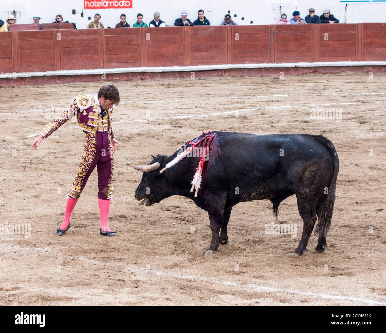 Ambato, ÉQUATEUR - Dec 15, 2015 - torero à pied duels avec Bull au cours de Carnaval Banque D'Images