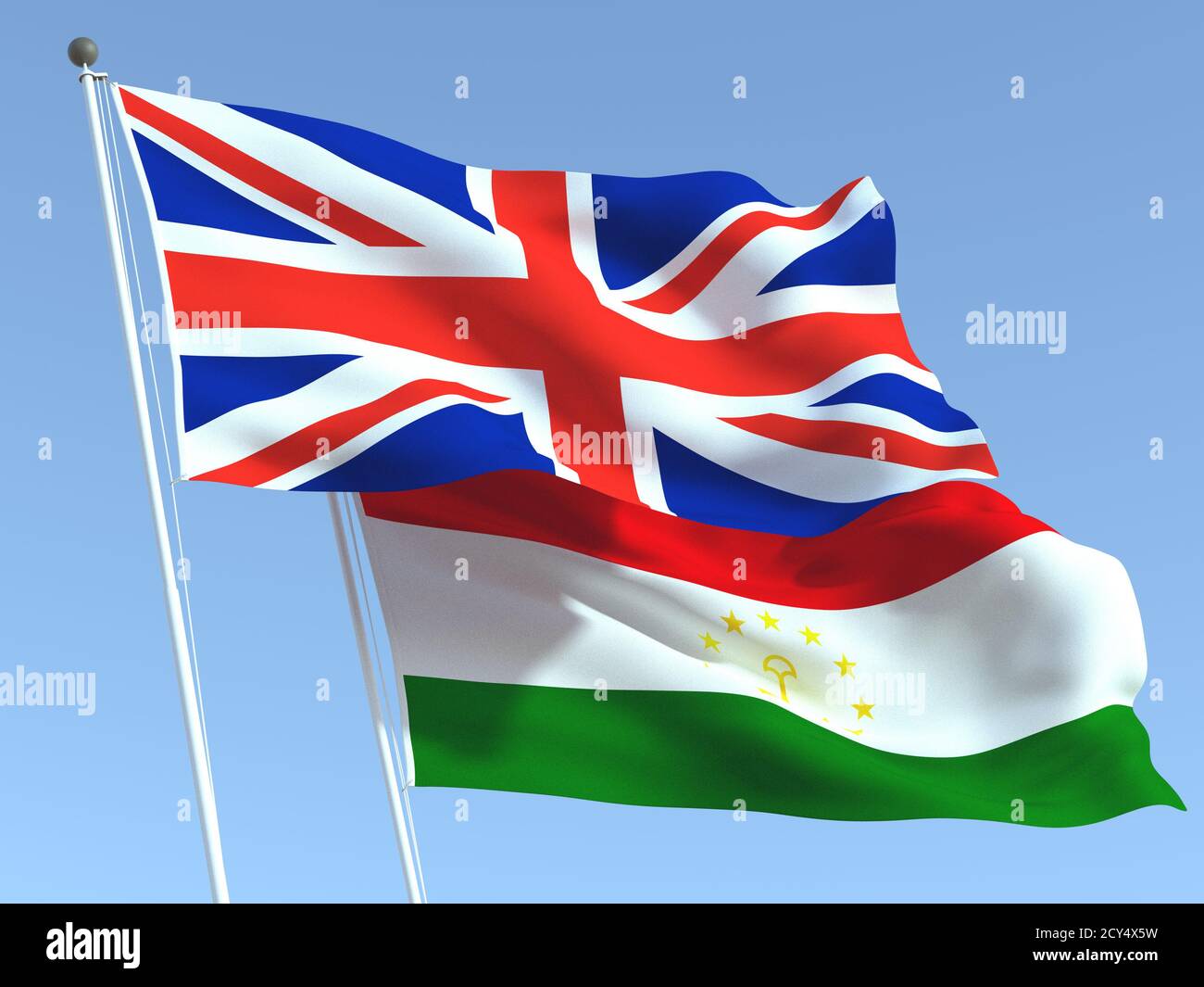 Deux drapeaux du Royaume-Uni et du Tadjikistan sur le ciel bleu. Expérience professionnelle de haute qualité. illustration 3d Banque D'Images