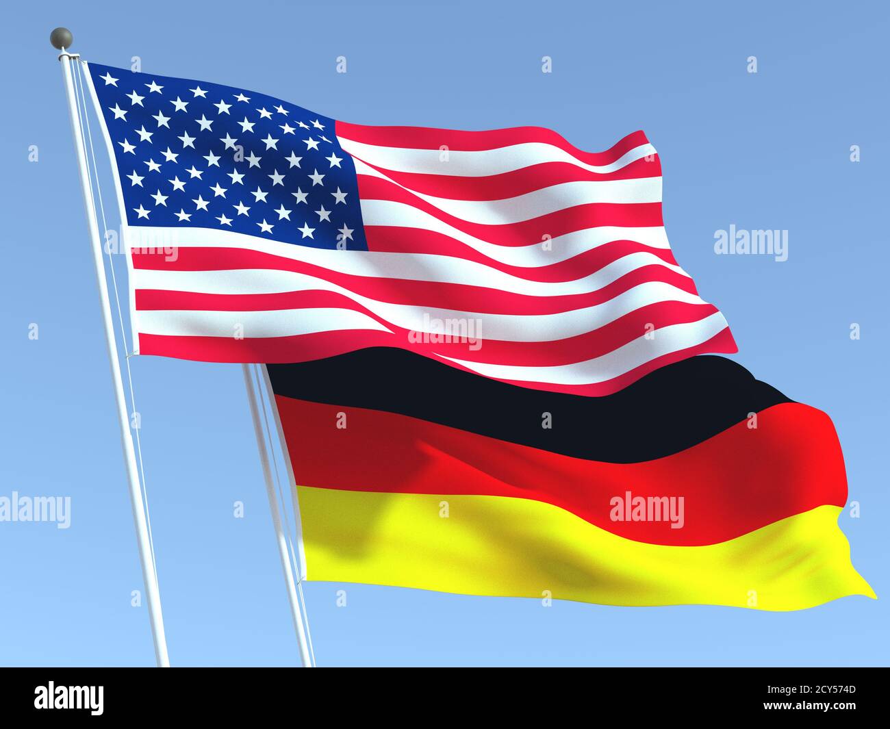 Deux drapeaux des États-Unis et de l'Allemagne sur le ciel bleu. Expérience professionnelle de haute qualité. illustration 3d Banque D'Images