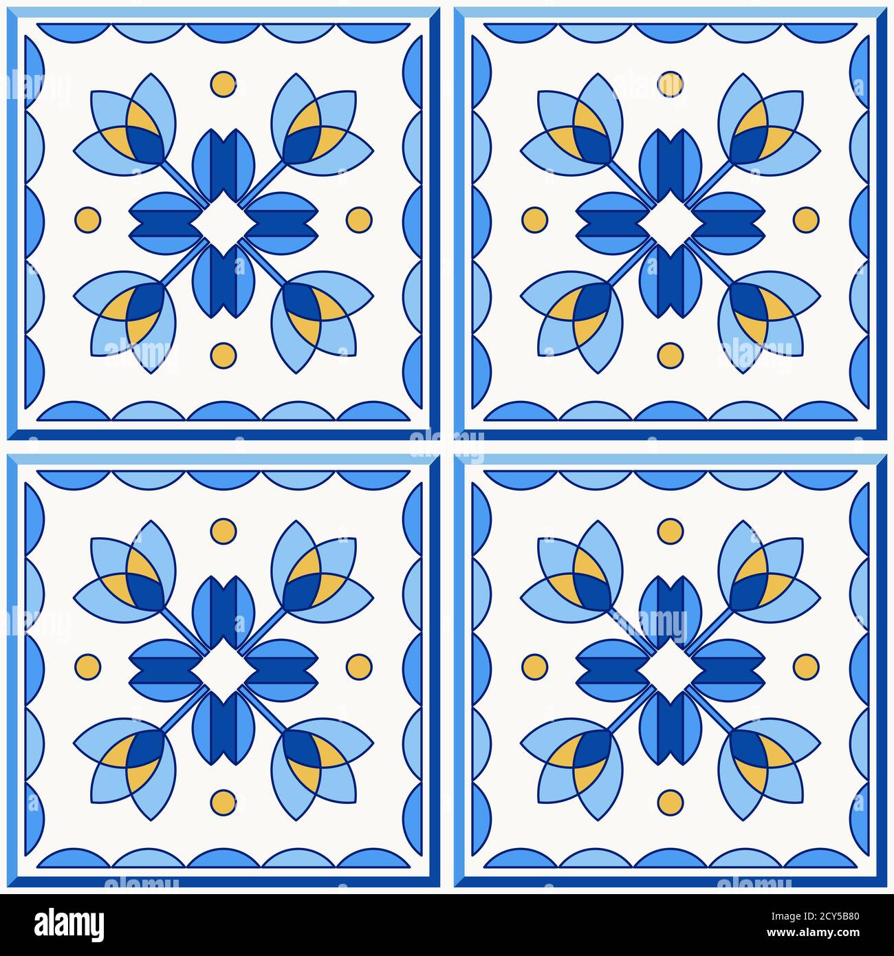 Portugal traditionnel Lisbonne azulejo carreaux de céramique. Illustration vectorielle. Couleurs jaune, bleu et blanc. Ensemble de quatre carreaux de plancher. Motif vectoriel transparent. Illustration de Vecteur