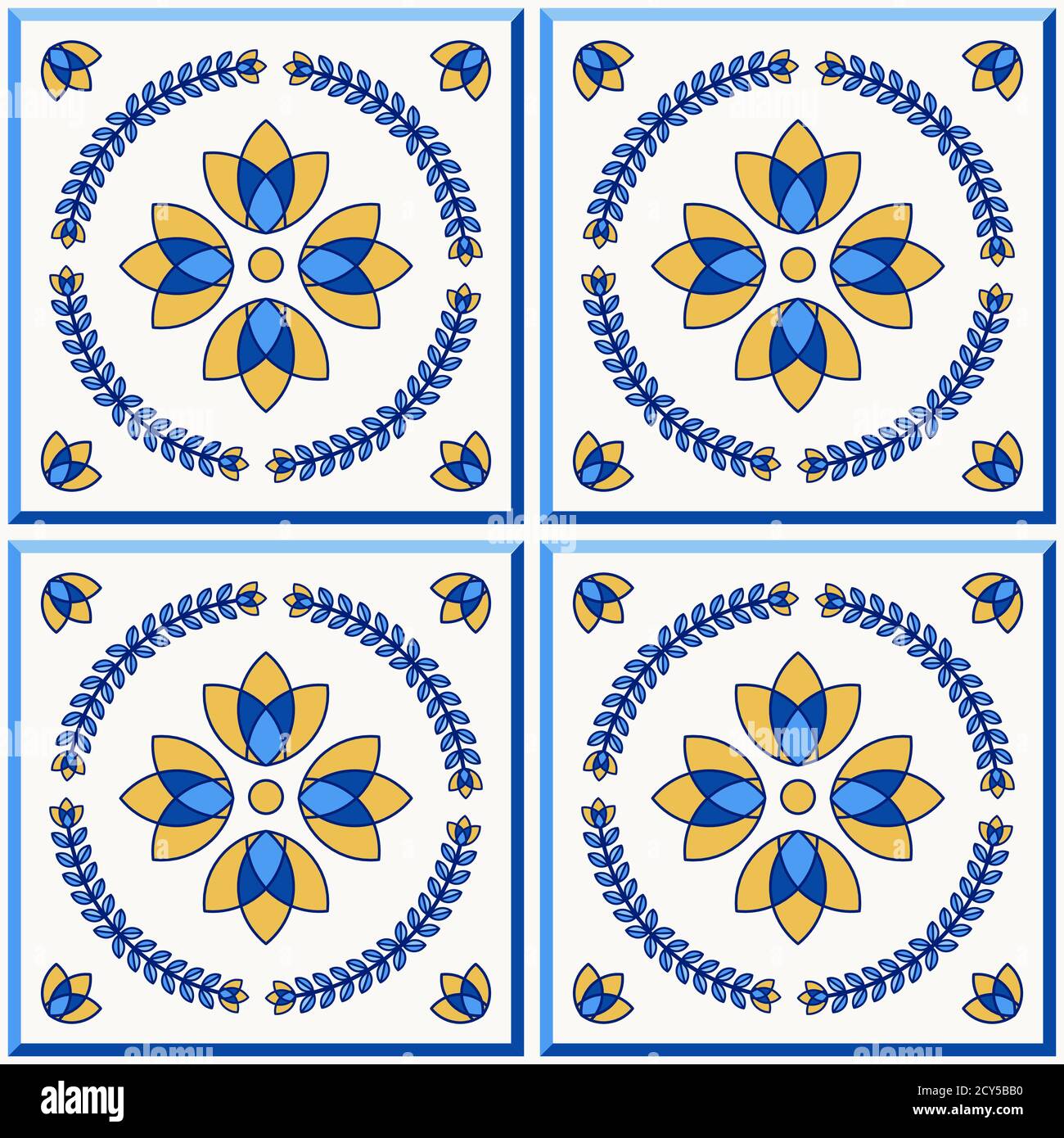 Portugal traditionnel Lisbonne azulejo carreaux de céramique. Illustration vectorielle. Couleurs jaune, bleu et blanc. Ensemble de quatre carreaux de plancher. Motif vectoriel transparent. Illustration de Vecteur
