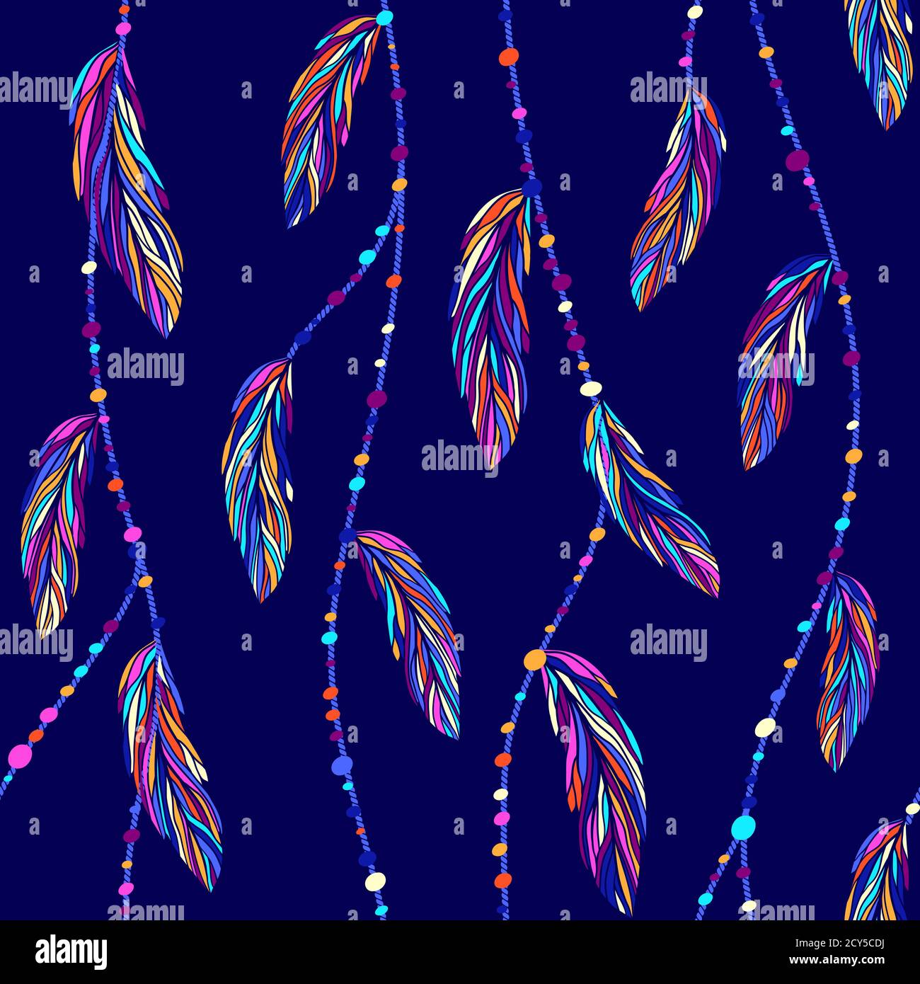 Plumes d'oiseaux tropicaux exotiques colorés, fils de boho et perles motif vectoriel sans couture. Illustration vectorielle de plumes multicolores différentes, style boho. Illustration de Vecteur