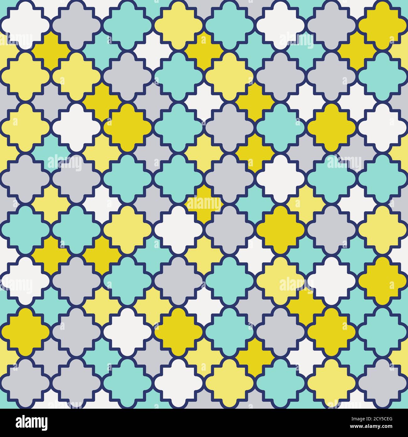 Motif de treillis traditionnel à l'huile de quatrefoil. Formes colorées en quatrefoil, couleurs rétro - menthe, jaune moutarde. Arrière-plan vectoriel transparent. Illustration de Vecteur