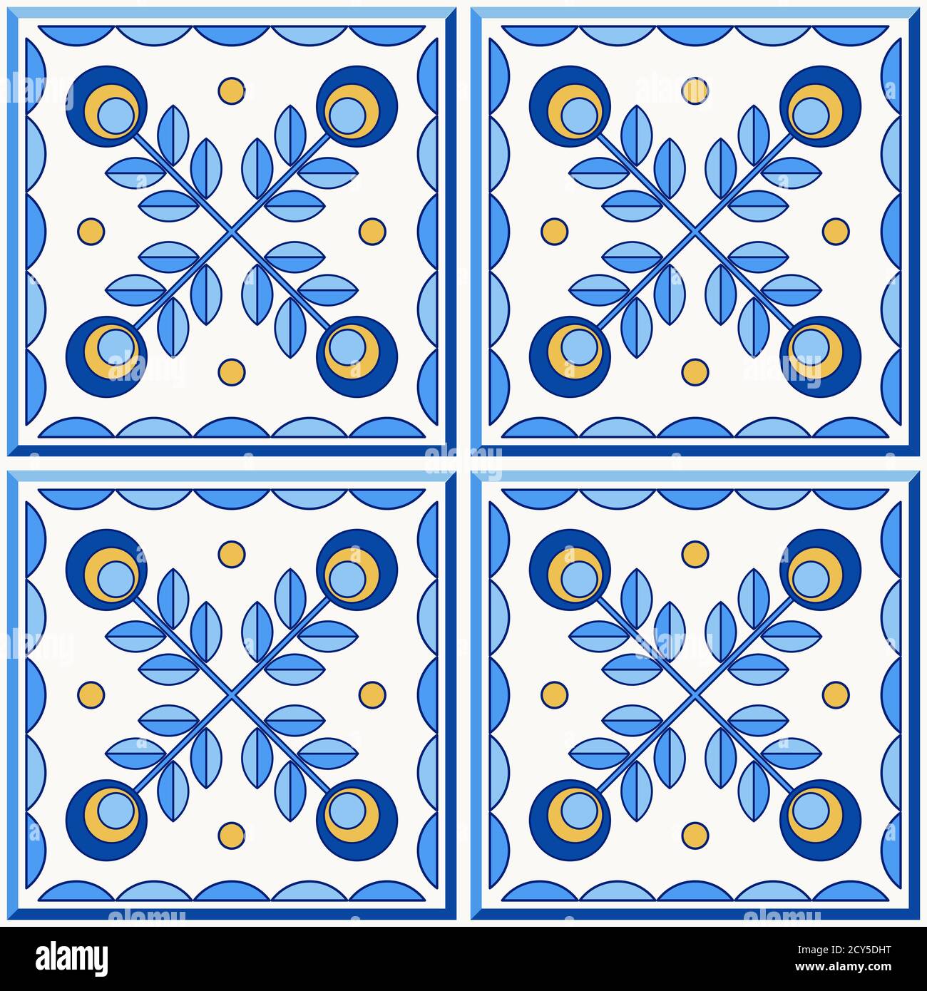 Portugal traditionnel Lisbonne azulejo carreaux de céramique. Illustration vectorielle. Couleurs jaune, bleu et blanc. Ensemble de quatre carreaux de plancher. Motif vectoriel transparent. Illustration de Vecteur