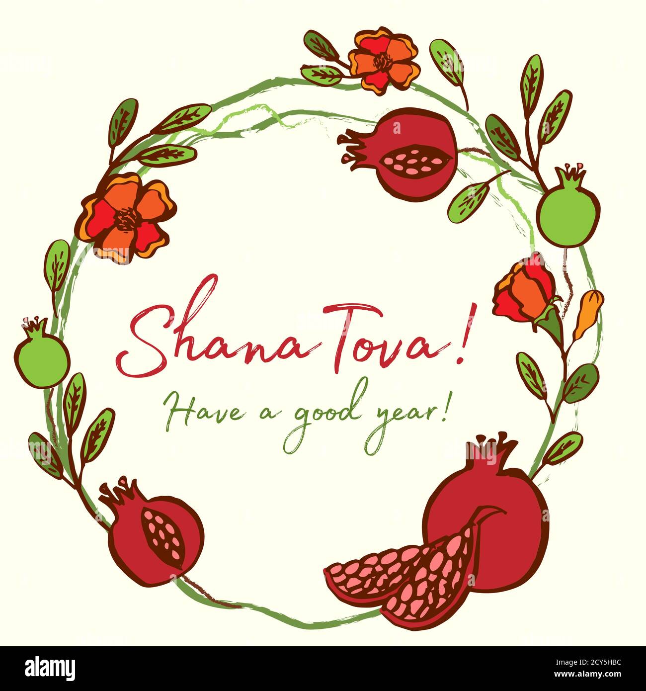 Rosh Hashanah carte - nouvel an juif. Message d'accueil Shana tova sur l'hébreu - bonne année. Couronne de grenade avec illustrations vectorielles de feuilles et de fleurs Illustration de Vecteur