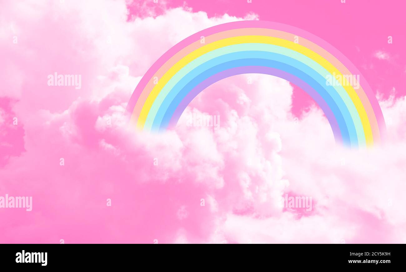 Coton bonbon ciel rose illustration fond, arc-en-ciel dans les nuages. Illustration fantaisie. Banque D'Images
