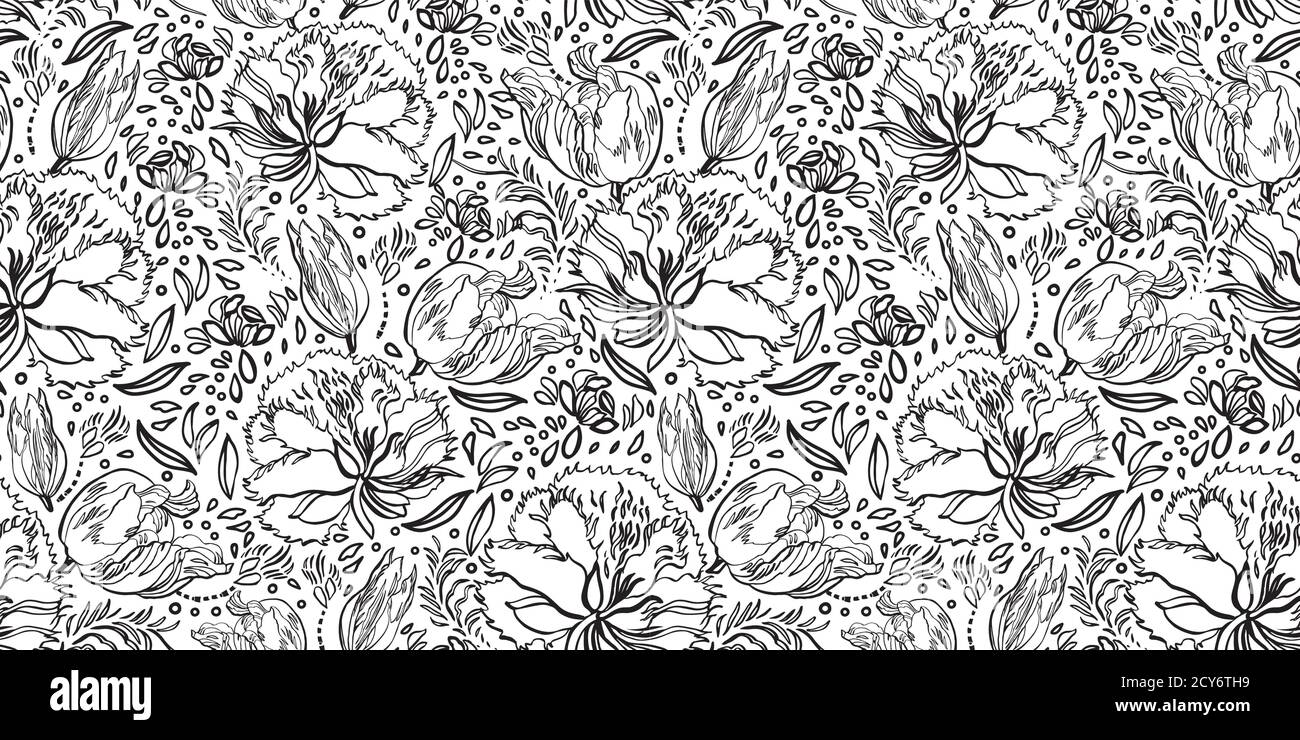 Motif art baroque rétro à la ligne de fleurs. Vintage, style campagnard, bouquet floral dessiné à la main. Fleurs d'art sur fond blanc. Arrière-plan élégant de la nature. Parfait pour la décoration, le tissu et l'emballage-cadeau. Illustration de Vecteur