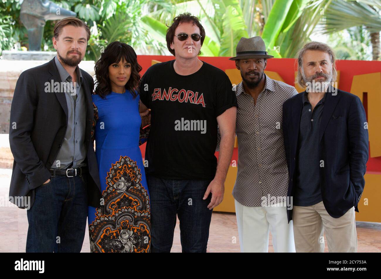 Director Quentin Tarantino (C) poses with (L-R) U.S actors Leonardo  DiCaprio, Kerry Washington, Jamie Foxx and Austrian actor Christoph Waltz,  during the launch of their film 
