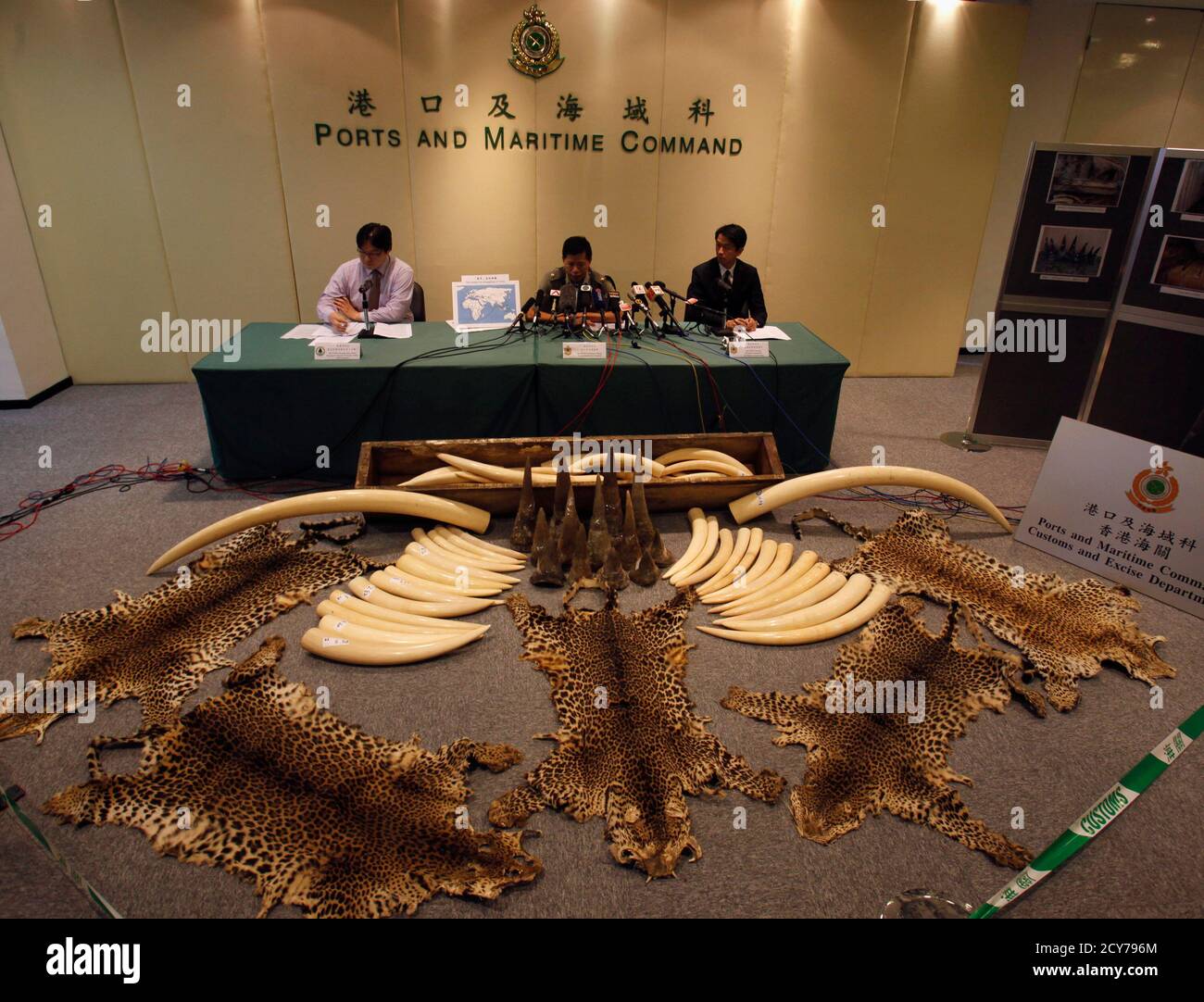 Vincent Wong C Group Head Of Ports And Maritime Command Speaks As Leopard Skins Ivory Tusks And Rhino Horns Are Displayed During A News Conference At Hong Kong Customs August 7 13