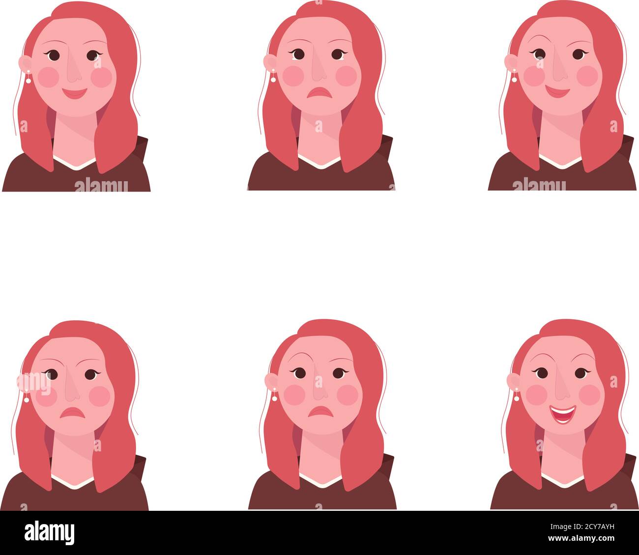 Ensemble de 6 émoticônes pour filles, visages de femmes de dessin animé simples et expressifs. Style moderne vectoriel plat. Illustration de Vecteur