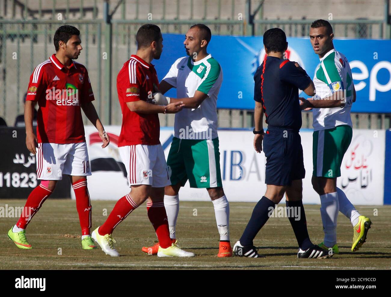 Players Of Al Ahly And Al Masry Argue During Their Egyptian Premier League Soccer Match At El Gouna Stadium In Hurghada January 10 2015 Egyptian Authorities Will Partially Lift A Ban On Supporters