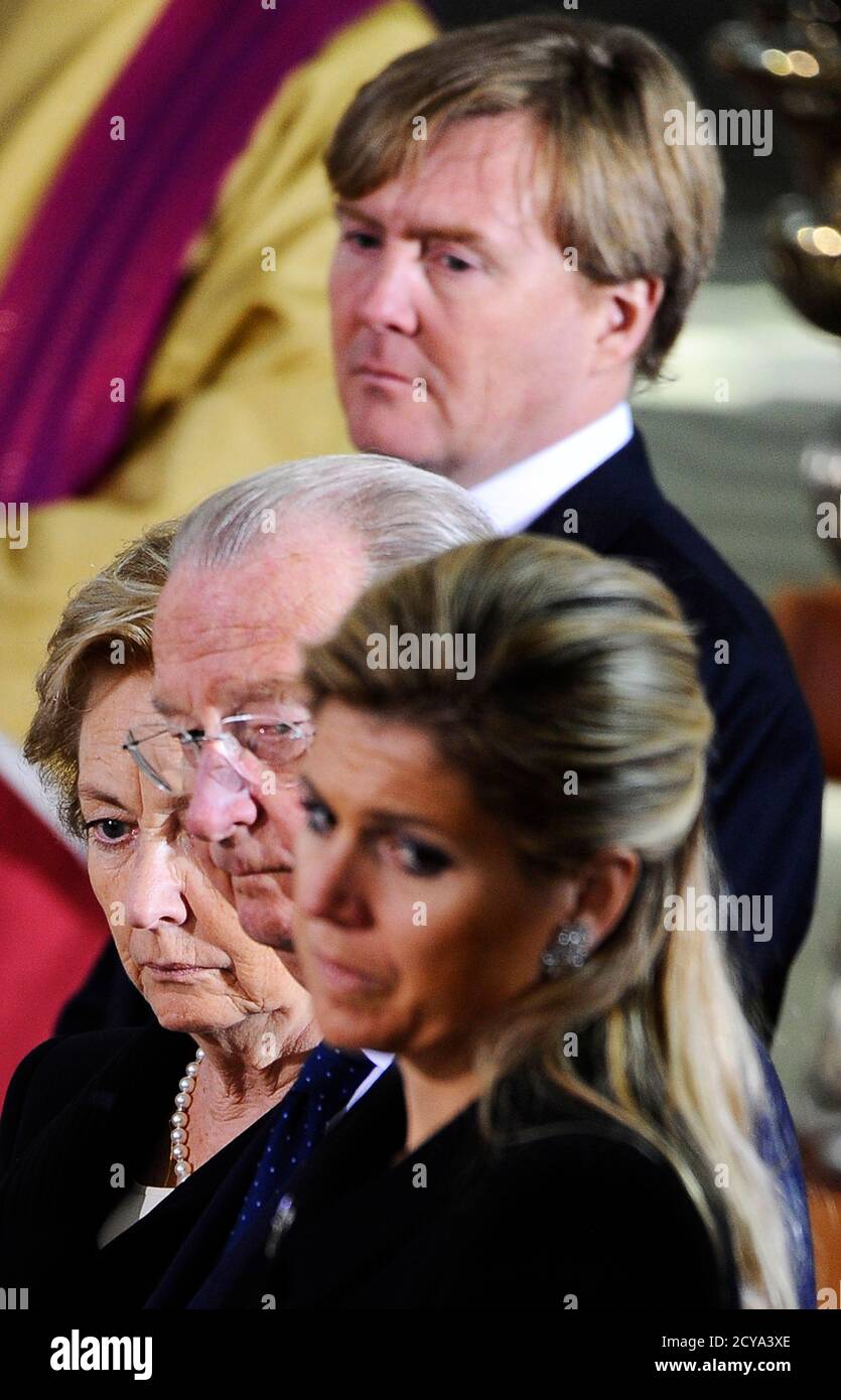 L-R) Belgian Queen Paola, Belgian King Albert, Dutch Princess Maxima and  Crown Prince Willem Alexander attend a ceremony for the victims of a bus  crash in Switzerland, at the Sint Pieters church
