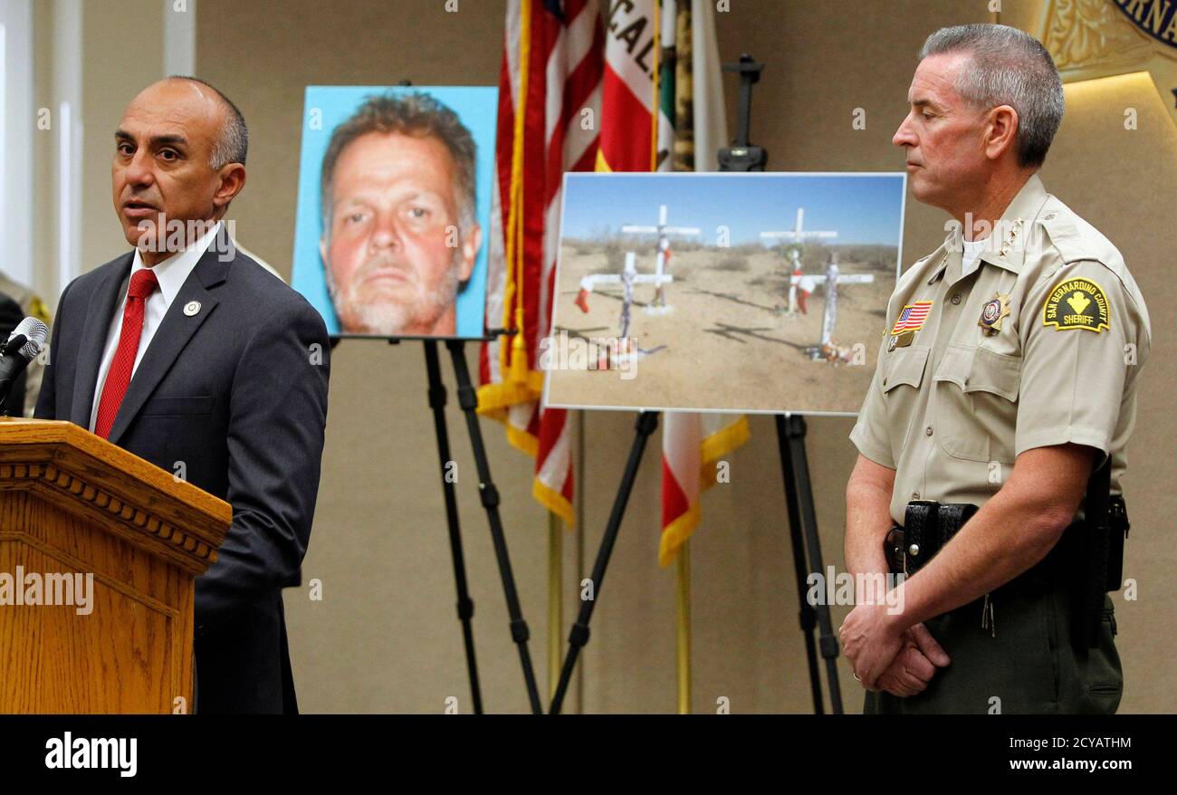 San Bernardino District Attorney Michael Ramos (L) speaks during a news  conference with Sheriff John McMahon (R) about the McStay murder case in  San Bernardino, California November 7, 2014. The lone suspect,