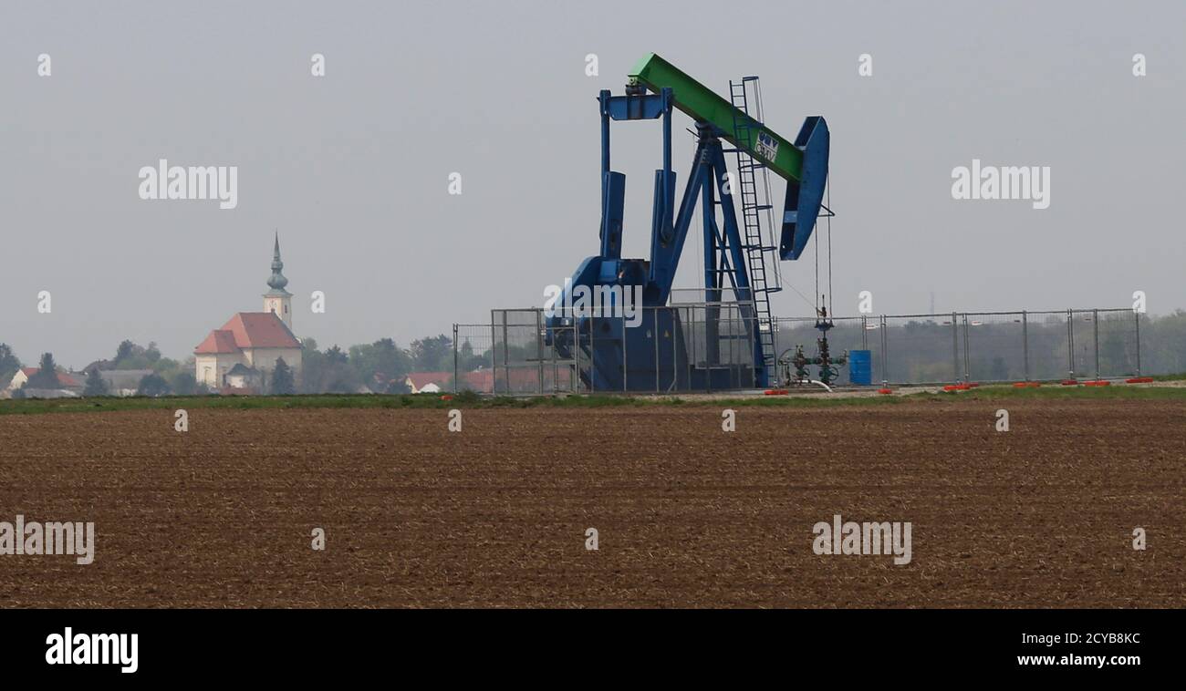 A pumpjack of Austrian oil and gas group OMV stands in an oilfield near  Gaenserndorf April 8, 2014. Austria is OMV's third-biggest production  region after Romania and Norway. OMV CEO Gerhard Roiss