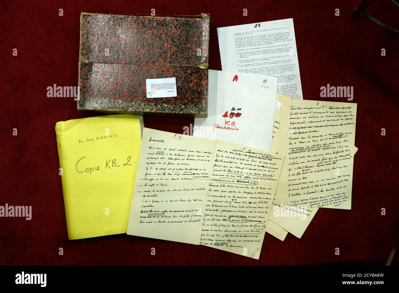 A view shows some the preparatory notes by French lawyer Jacques Verges (1925-2013) for the trial of former Nazi officer Klaus Barbie trial which are displayed at Drouot auction house