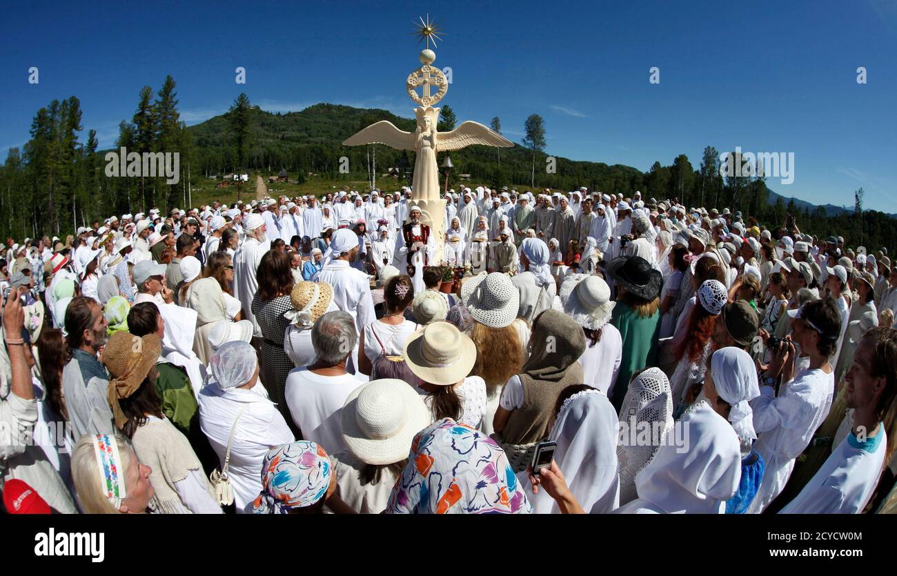 Members of the religious sect of Vissarion, who has proclaimed himself a new Christ, take part in the