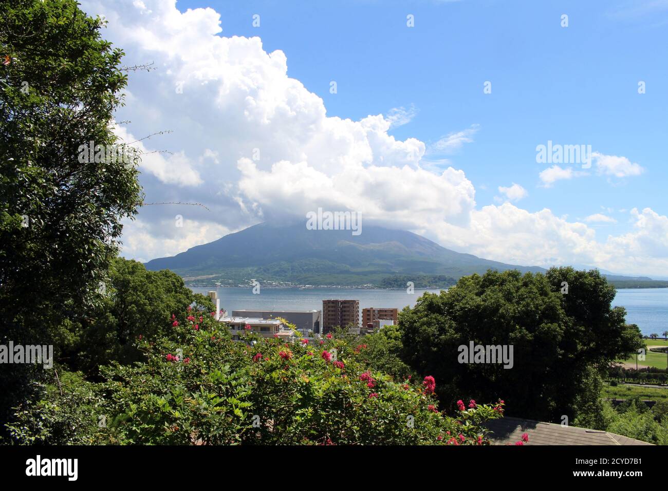 Sakurajima vu du parc Tagayama à Kagoshima. Pris en août 2019. Banque D'Images