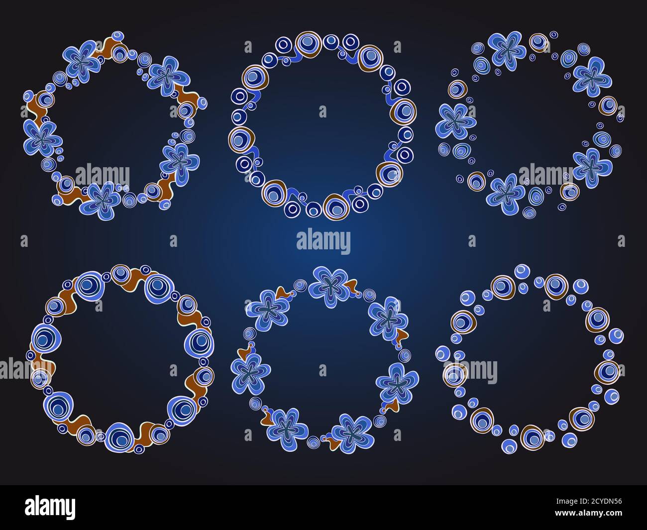 Ensemble vectoriel de cadres ronds fleuris pour votre conception avec place pour votre texte. En bleu et marron. Illustration de Vecteur