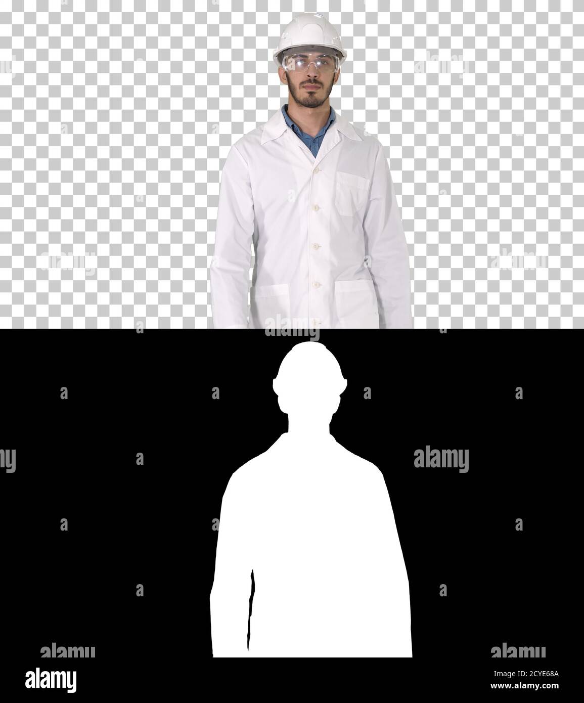 Ingénieur scientifique marchant dans un casque de sécurité et des lunettes, Alpha Cha Banque D'Images