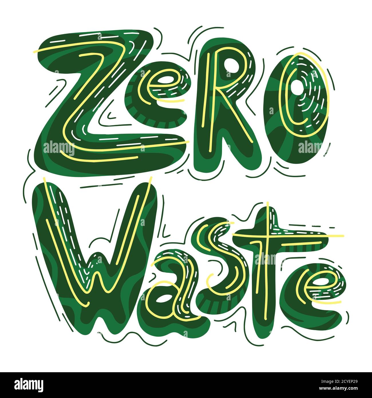 Lettrage vert manuscrit Zero Waste avec ornements. Illustration écologique. L'objet est séparé de l'arrière-plan. Elément vectoriel pour votre de Illustration de Vecteur
