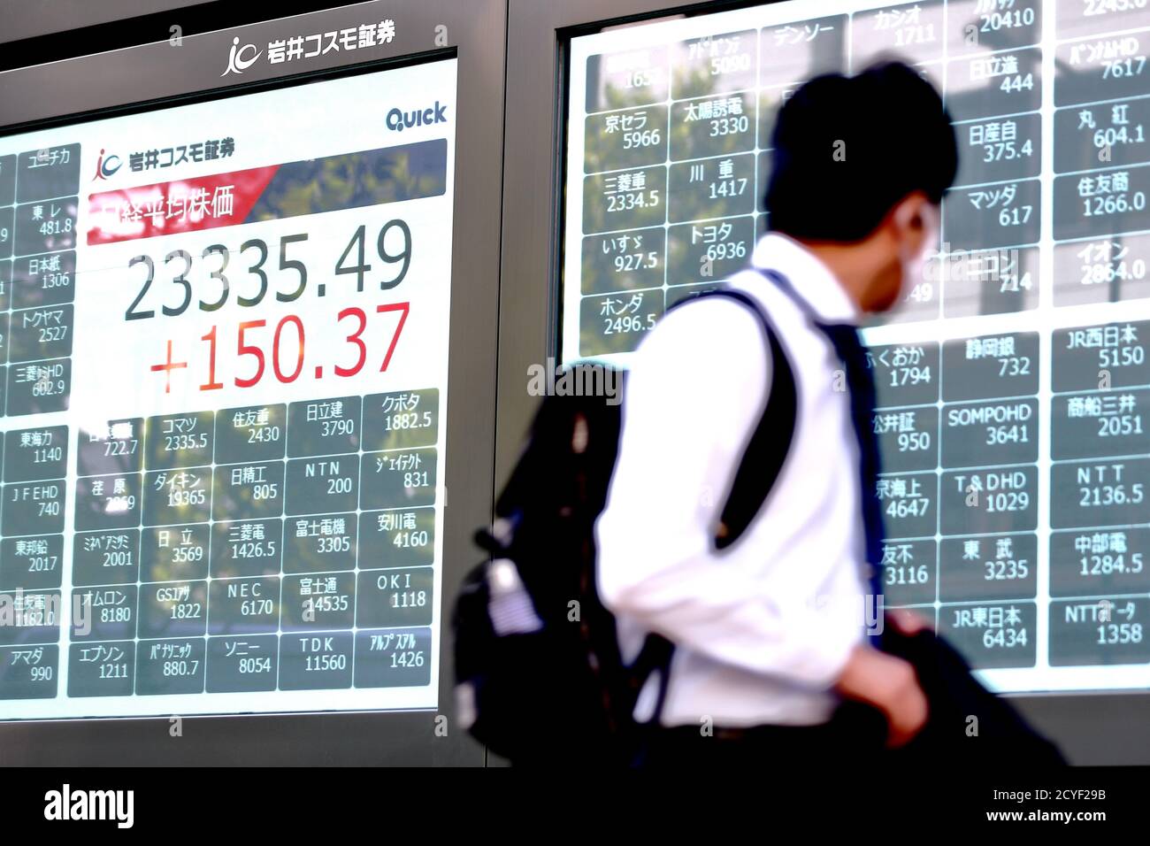 Tokyo, Japon. 2 octobre 2020. Le 2 octobre 2020, un homme portant un masque passe devant un tableau électronique montrant la moyenne des actions Nikkei au Japon dans une société de valeurs mobilières à Tokyo, au Japon. La Bourse de Tokyo a repris ses opérations vendredi après une interruption d'une journée complète due à des problèmes de système. Credit: Naoki Nishimura/AFLO/Alay Live News Banque D'Images