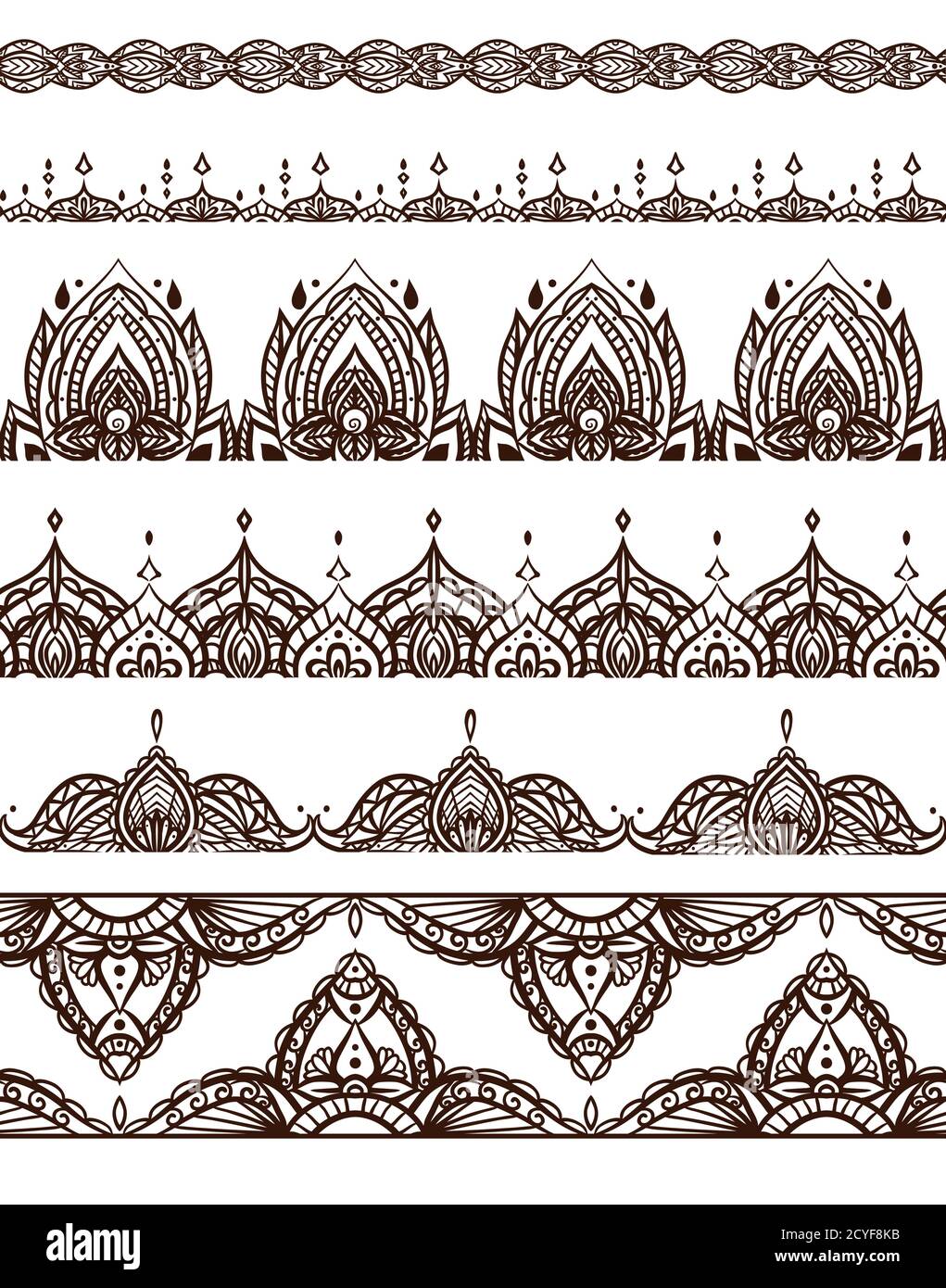 Ensemble de motifs mehendi sans couture. Bordures vectorielles pour cadres, cartes, invitations, tatouages et votre dessin Illustration de Vecteur