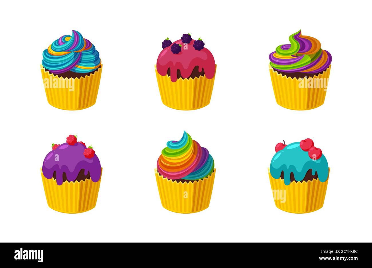 Cupcakes Aux Couleurs Vives Et A L Arc En Ciel Ensemble De Petits Gateaux Isoles Sur Fond Blanc Illustration Vectorielle Dans Un Joli Style De Dessin Anime Image Vectorielle Stock Alamy