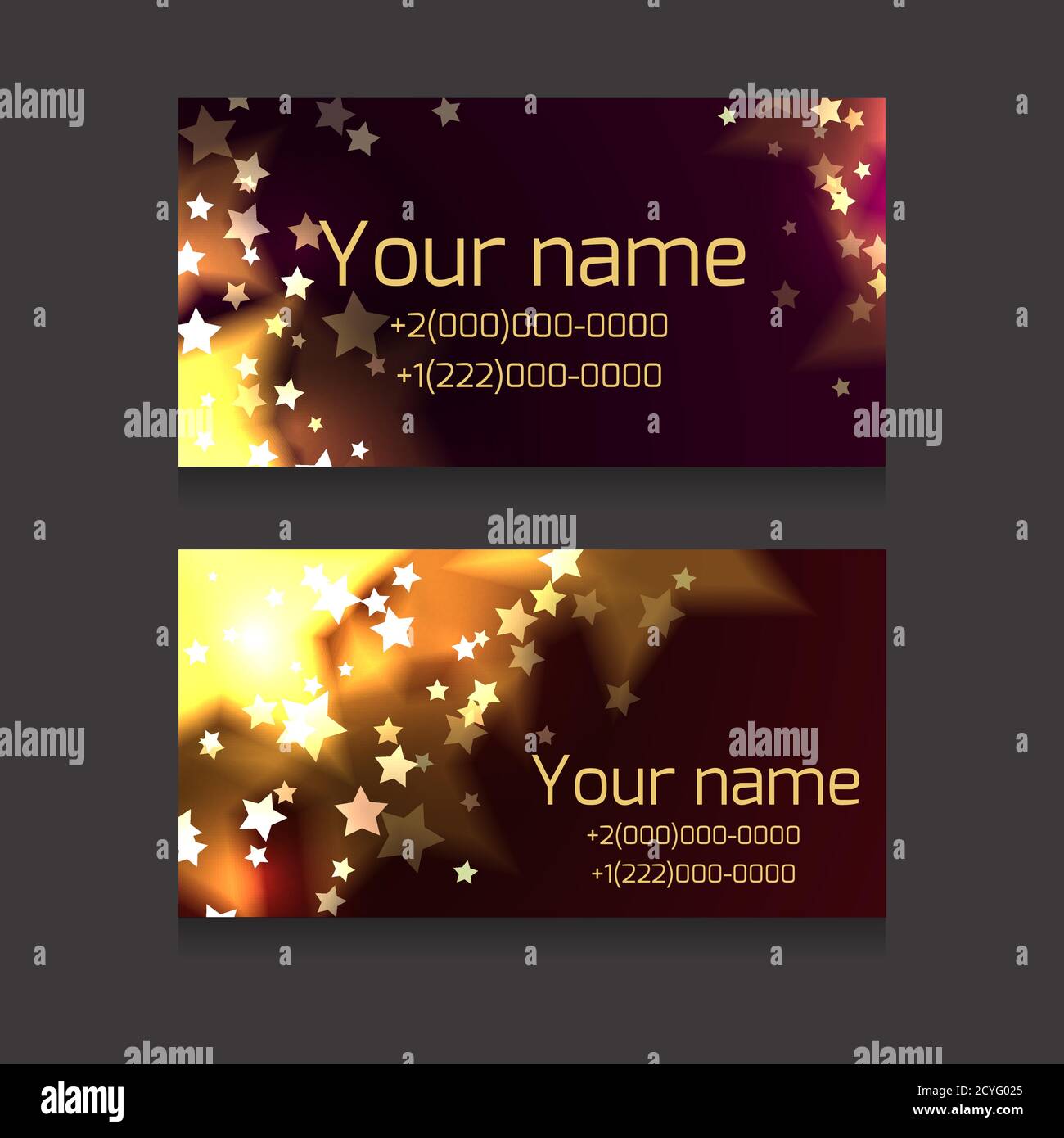 Jeu de cartes de visite avec des étincelles et des étoiles sur fond sombre. Cartes de visite de fête avec espace pour le texte pour votre entreprise Illustration de Vecteur