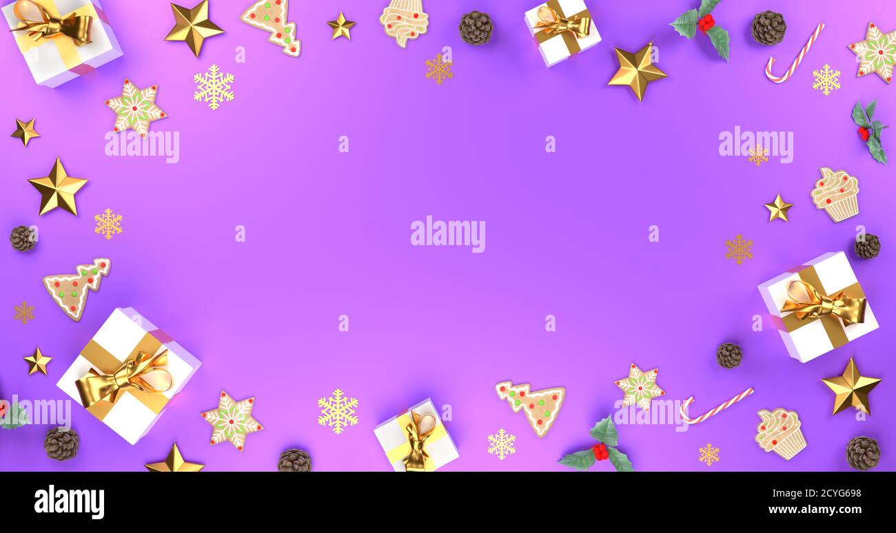 Fond violet de Noël. Cadre bannière décorative avec cadeaux, étoiles et rubans dorés. Espace pour les fêtes de fin d'année. rendu 3d. Banque D'Images