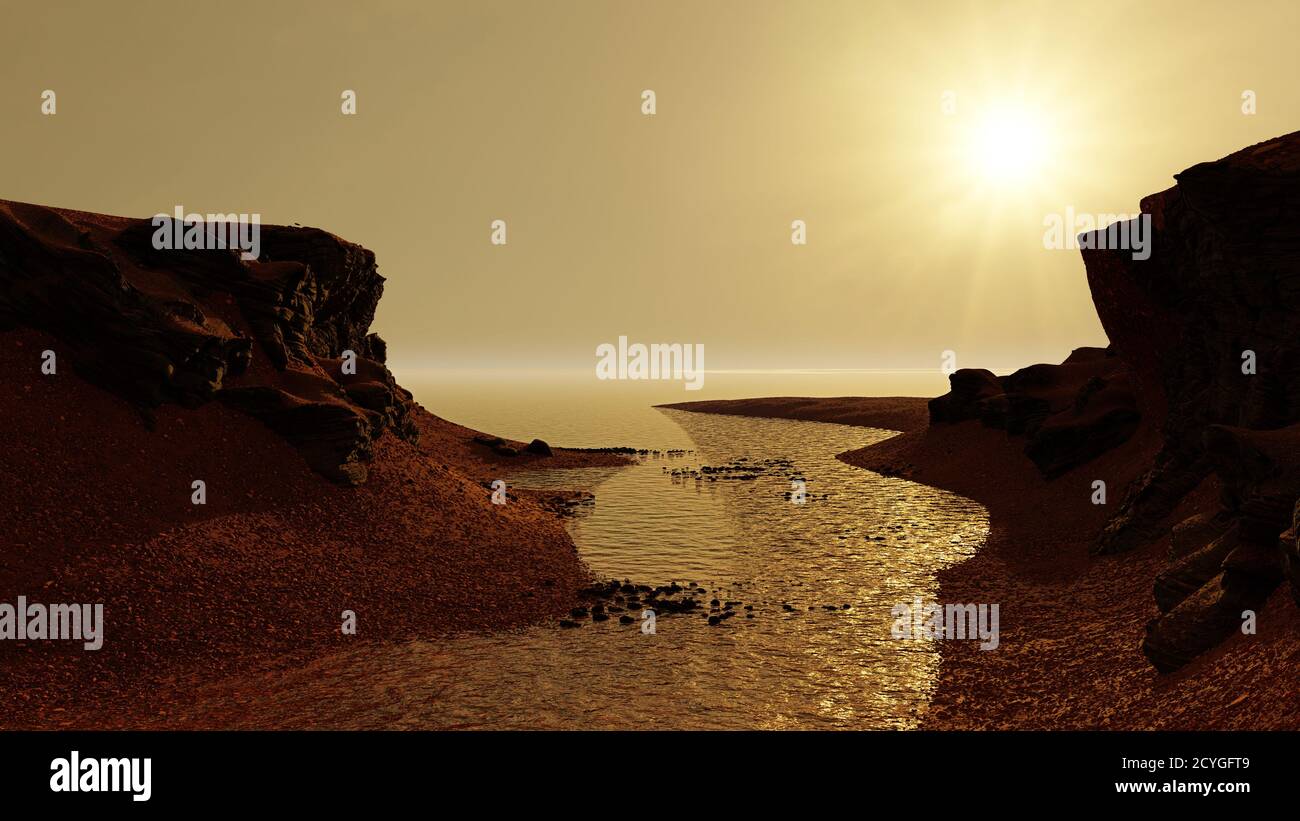 Eau liquide dans le paysage martien précoce, cratère de Jezero sur le Mars antique précoce Banque D'Images