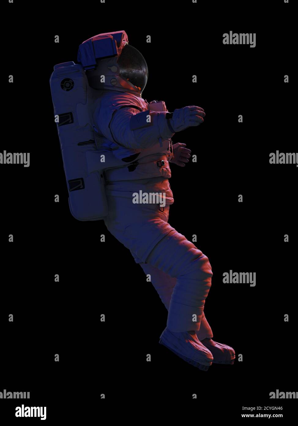 astronaute pendant la sortie d'espace, isolé sur fond noir, vue latérale Banque D'Images
