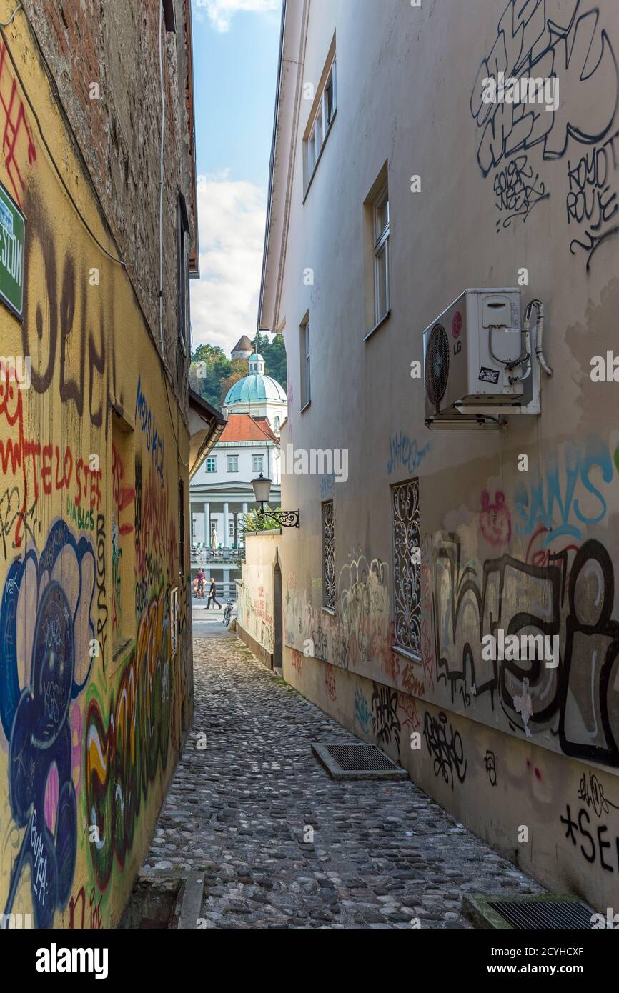 Rue étroite couverte de graffiti - Ljubljana, Slovénie Banque D'Images