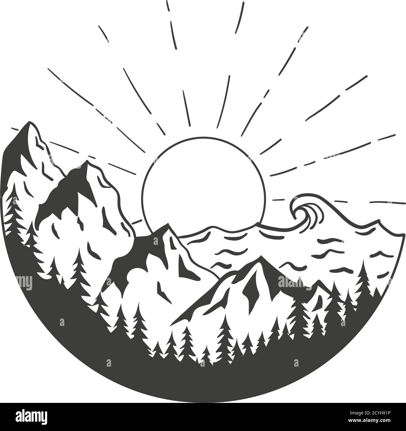 Montagnes, forêt, océan et soleil dans un cercle. Illustration de Vecteur