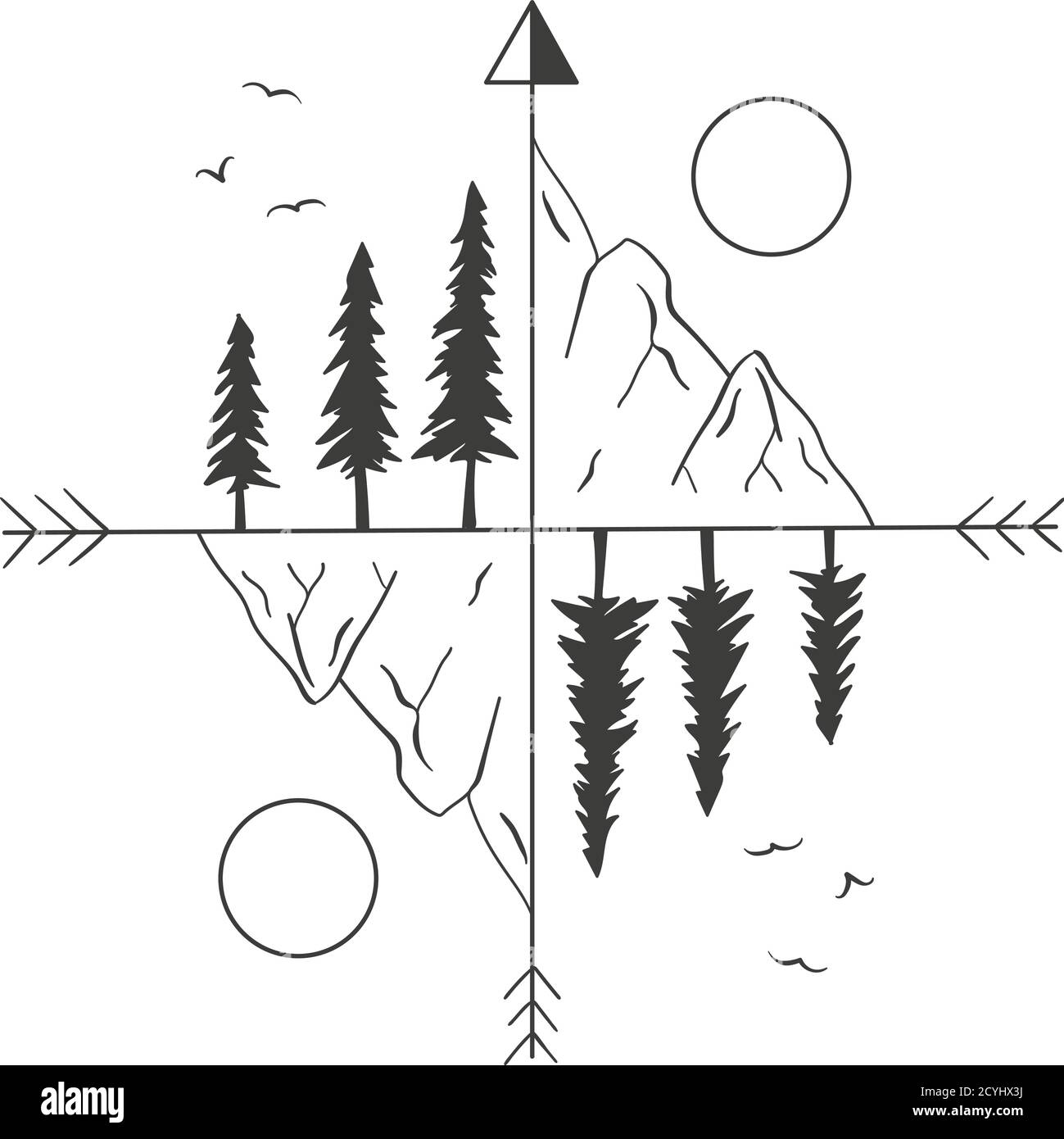 Montagnes, forêt, soleil directions de la boussole. Illustration de Vecteur