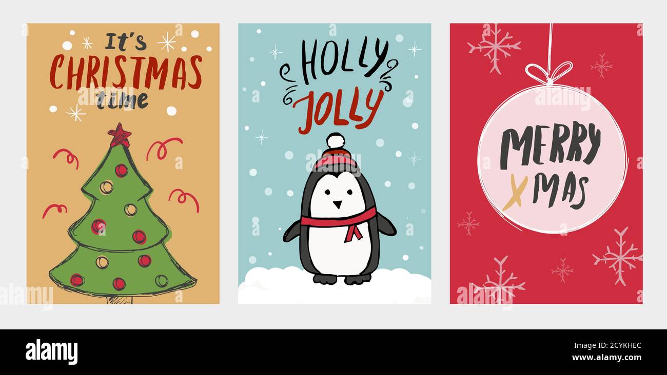 Ensemble de cartes de Noël avec éléments dessinés à la main Illustration de Vecteur